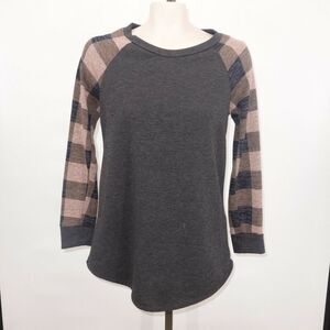 12PM by Mon Ami Gray Shirt Top with Green Pink Black Plaid Sleeves Women's Small